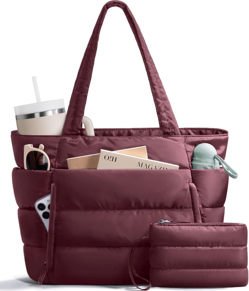 Bagstellar Puffer Tote Bag for Women, Lightweight Puffy Work Handbag Teacher Nurse Quilted Shoulder Bag for School Travel Gym | Cloud Bag w/ Zipper, Daily College Bags, 15.6" Computer Bag, Clinical Nursing Bag, 40 OZ Tumbler Holder, Ideal Gift for Women - Image 1